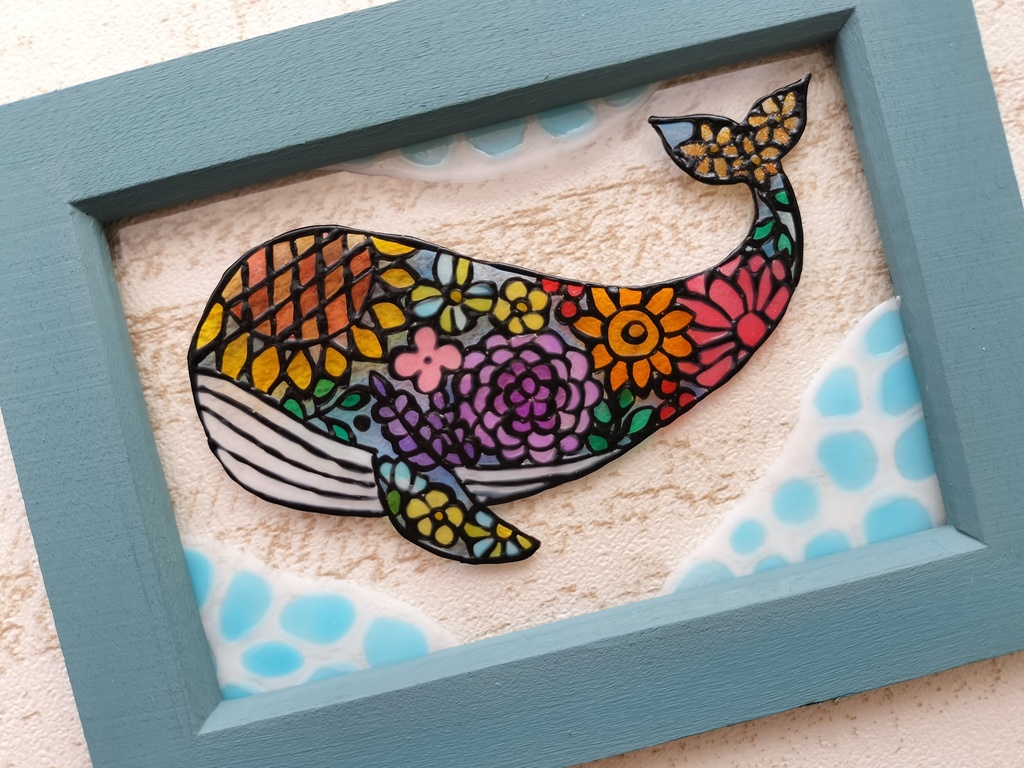 送料無料・ステンドグラス風フレーム・クジラ・花模様・イラスト・ナチュラル雑貨・ハンドメイド♪