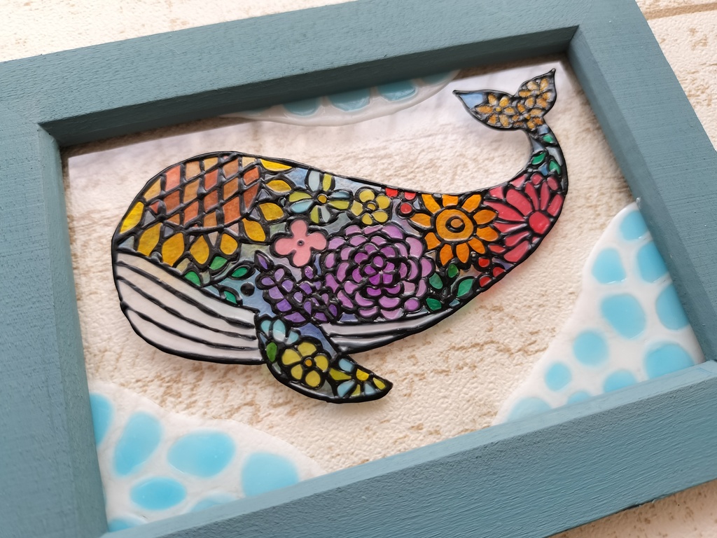 送料無料・ステンドグラス風フレーム・クジラ・花模様・イラスト・ナチュラル雑貨・ハンドメイド♪