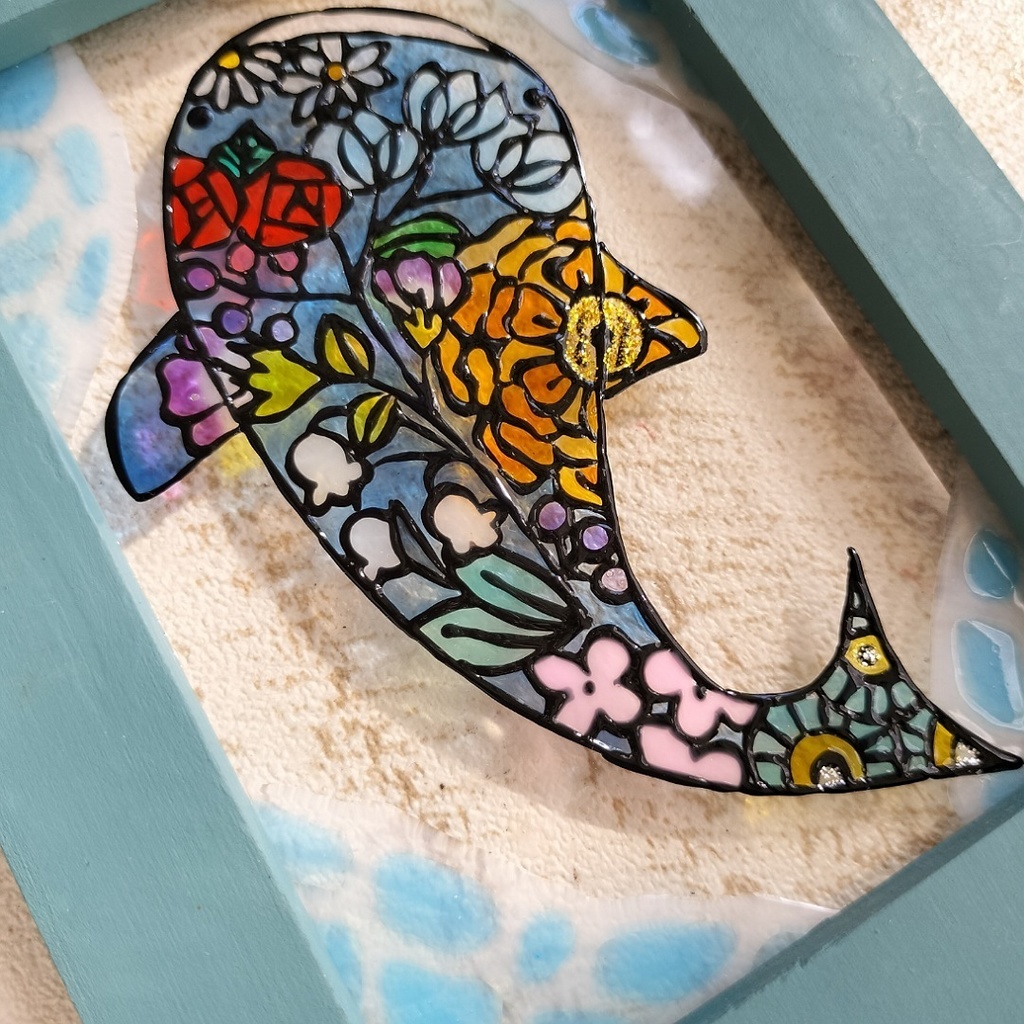送料無料・ステンドグラス風フレーム・ジンベイザメ・花模様・夏・ハンドメイド♪