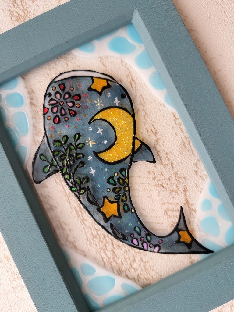 送料無料・ステンドグラス風フレーム・ジンベイザメ・夏・花火・海・ハンドメイド♪