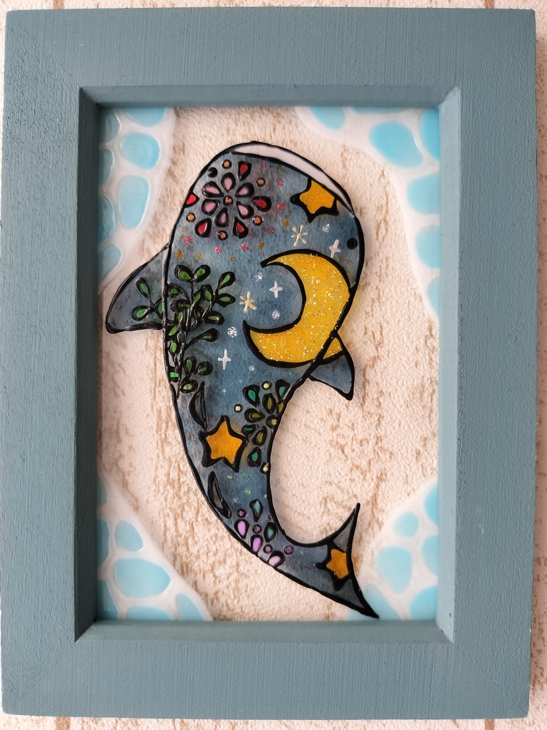 送料無料・ステンドグラス風フレーム・ジンベイザメ・夏・花火・海・ハンドメイド♪