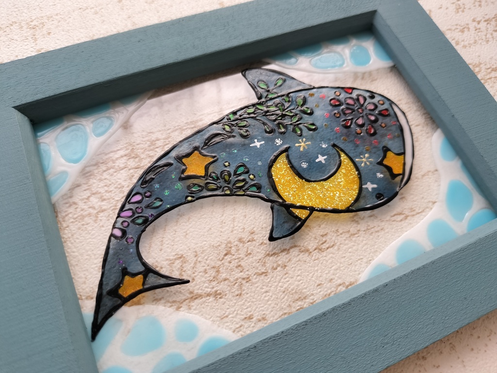 送料無料・ステンドグラス風フレーム・ジンベイザメ・夏・花火・海・ハンドメイド♪