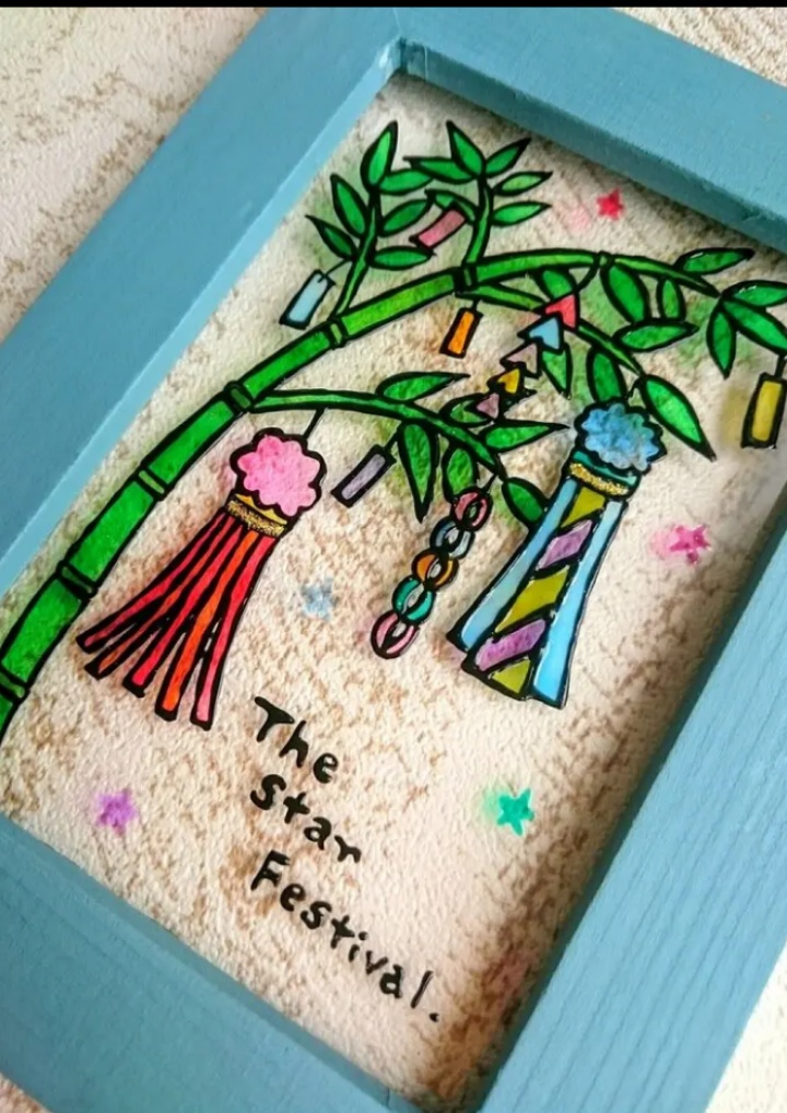 送料無料・ステンドグラス風フレーム・七夕・吹き流し・7月7日・ハンドメイド♪