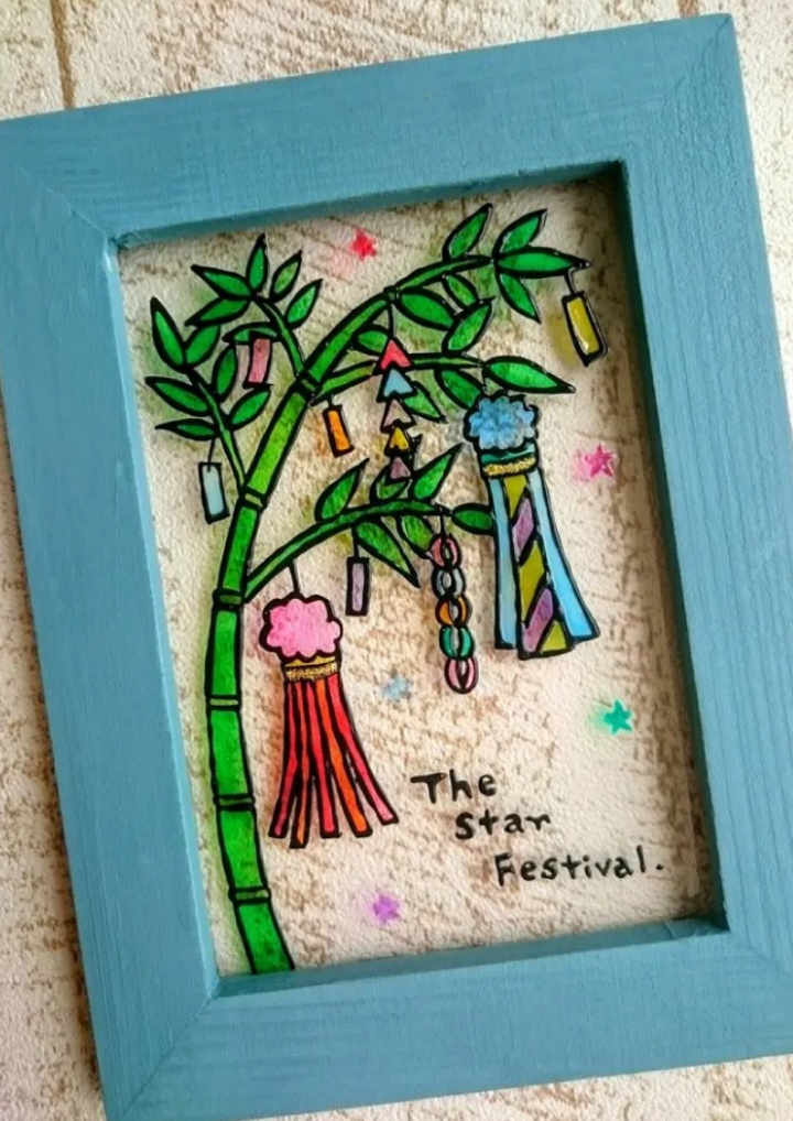 送料無料・ステンドグラス風フレーム・七夕・吹き流し・7月7日・ハンドメイド♪