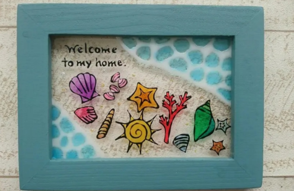 送料無料・ステンドグラス風フレーム・貝殻のwelcome・海・夏・ナチュラル雑貨・ハンドメイド♪