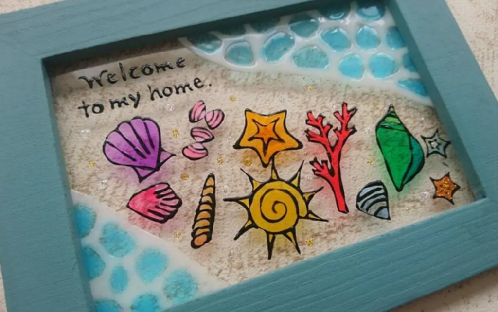 送料無料・ステンドグラス風フレーム・貝殻のwelcome・海・夏・ナチュラル雑貨・ハンドメイド♪