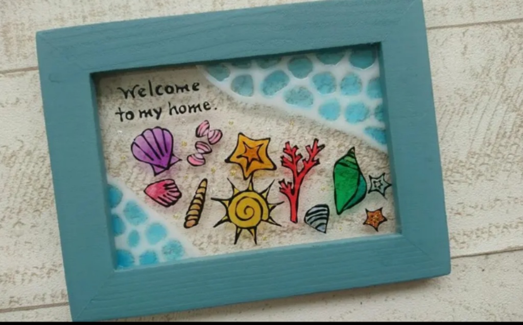 送料無料・ステンドグラス風フレーム・貝殻のwelcome・海・夏・ナチュラル雑貨・ハンドメイド♪