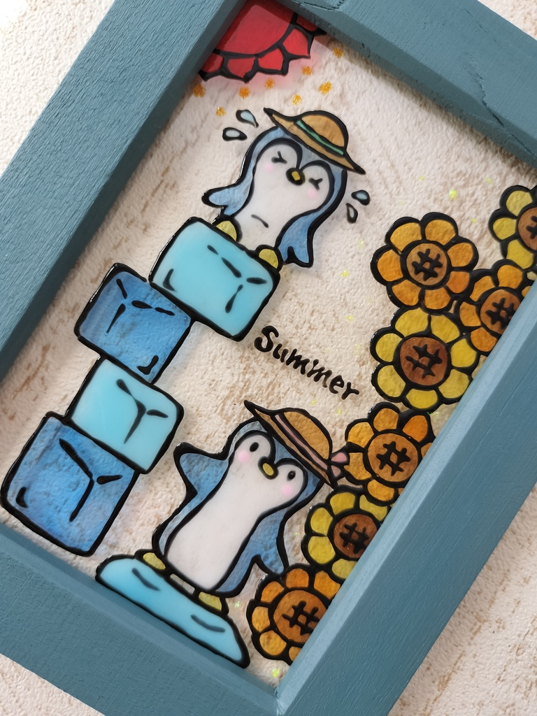 送料無料*ステンドグラス風フレーム*ペンギンとひまわり・夏雑貨・グラスデコ・ハンドメイド♪︎