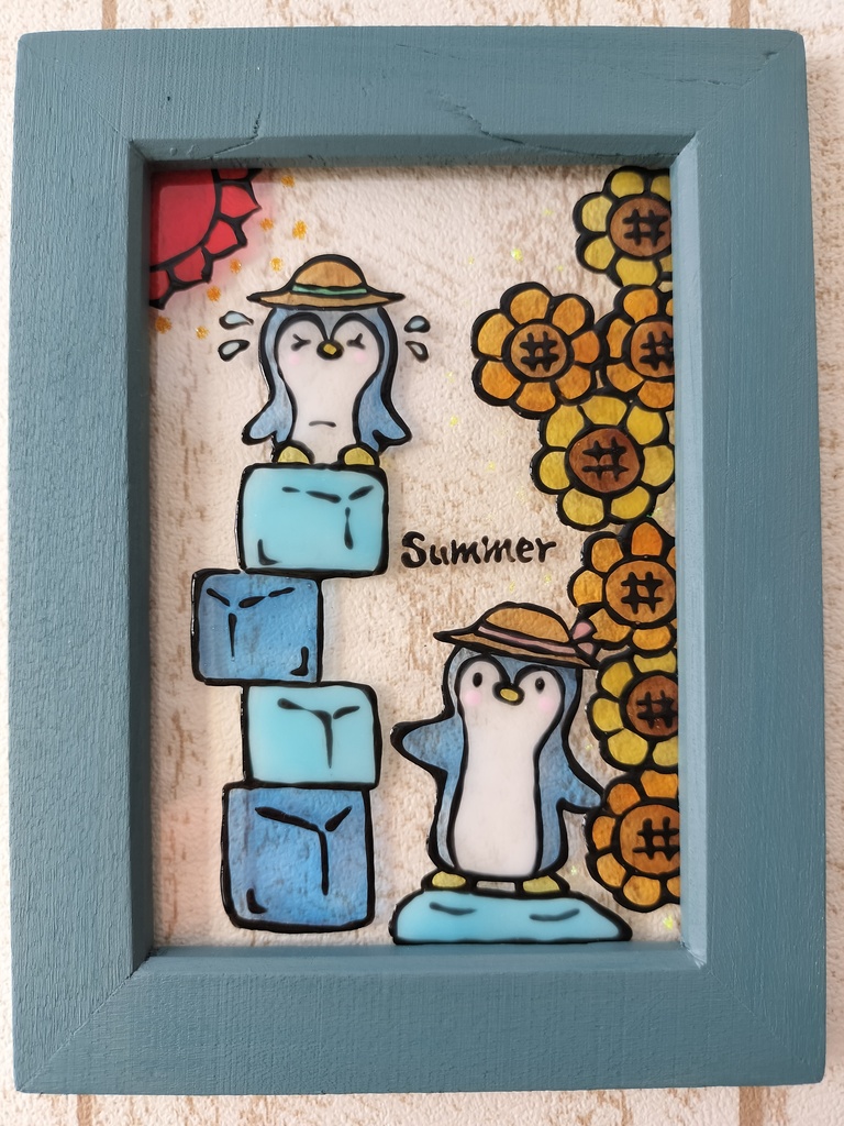 送料無料*ステンドグラス風フレーム*ペンギンとひまわり・夏雑貨・グラスデコ・ハンドメイド♪︎