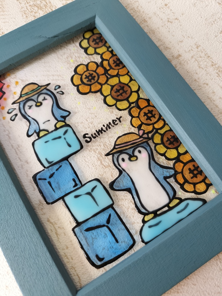 送料無料*ステンドグラス風フレーム*ペンギンとひまわり・夏雑貨・グラスデコ・ハンドメイド♪︎