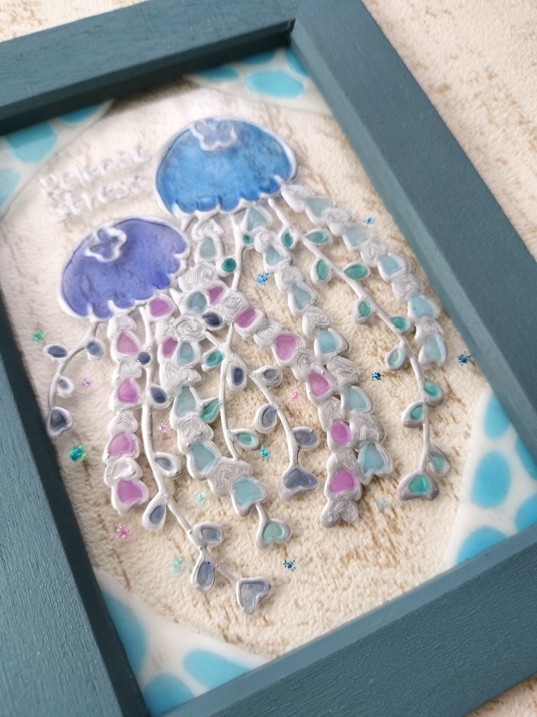 送料無料*ステンドグラス風フレーム*キラキラクラゲ・海・夏・イラスト・グラスデコ・ハンドメイド♪︎