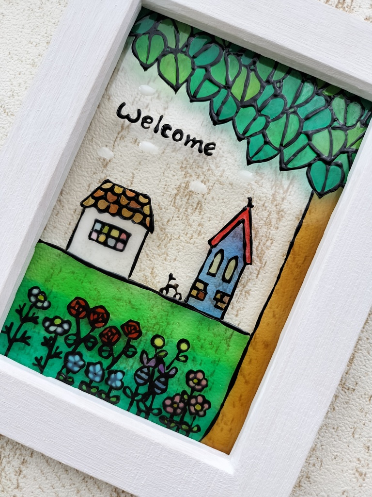 送料無料*ステンドグラス風フレーム*大きな木とガーデンのウエルカム・グラスデコ・イラスト・インテリア雑貨・ハンドメイド♪︎