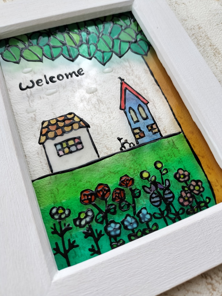 送料無料*ステンドグラス風フレーム*大きな木とガーデンのウエルカム・グラスデコ・イラスト・インテリア雑貨・ハンドメイド♪︎