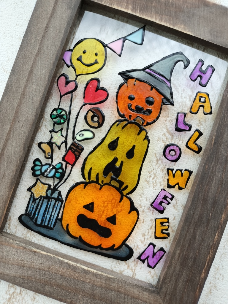 送料無料*ステンドグラス風フレーム*ハロウィン・バルーン・グラスデコ・イラスト・インテリア雑貨・ハンドメイド♪︎