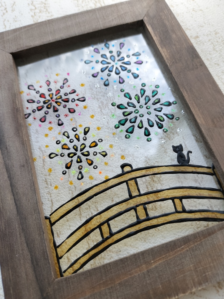 送料無料*ステンドグラス風フレーム*花火・猫・夏・グラスデコ・インテリア雑貨・ハンドメイド♪︎