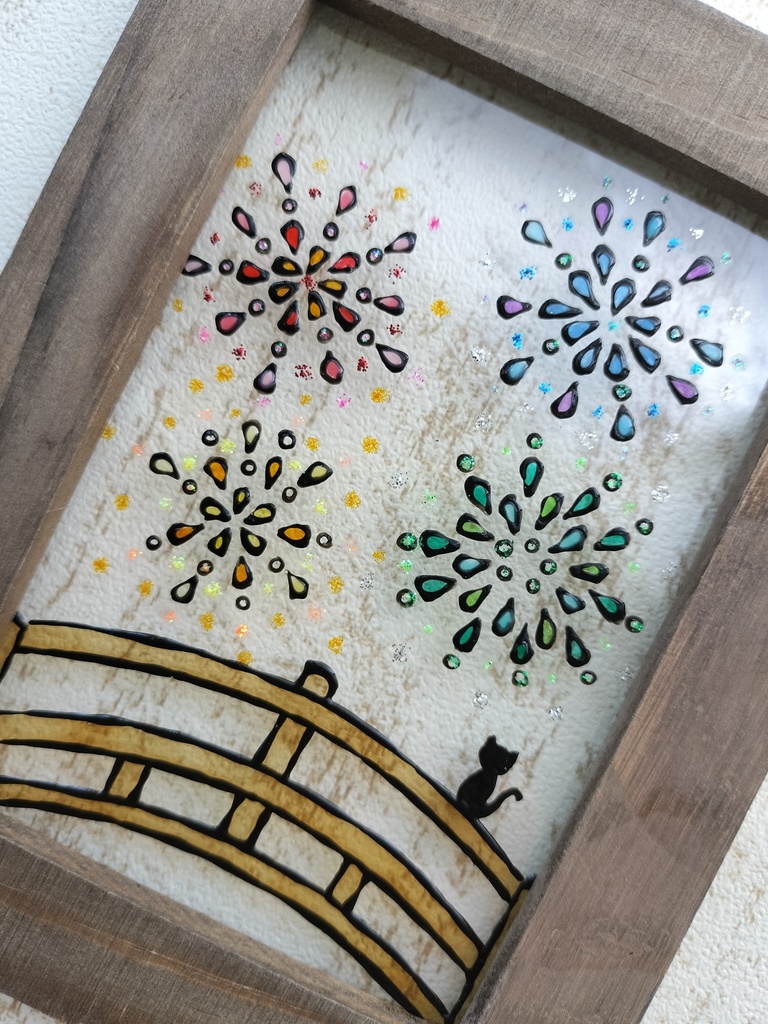 送料無料*ステンドグラス風フレーム*花火・猫・夏・グラスデコ・インテリア雑貨・ハンドメイド♪︎