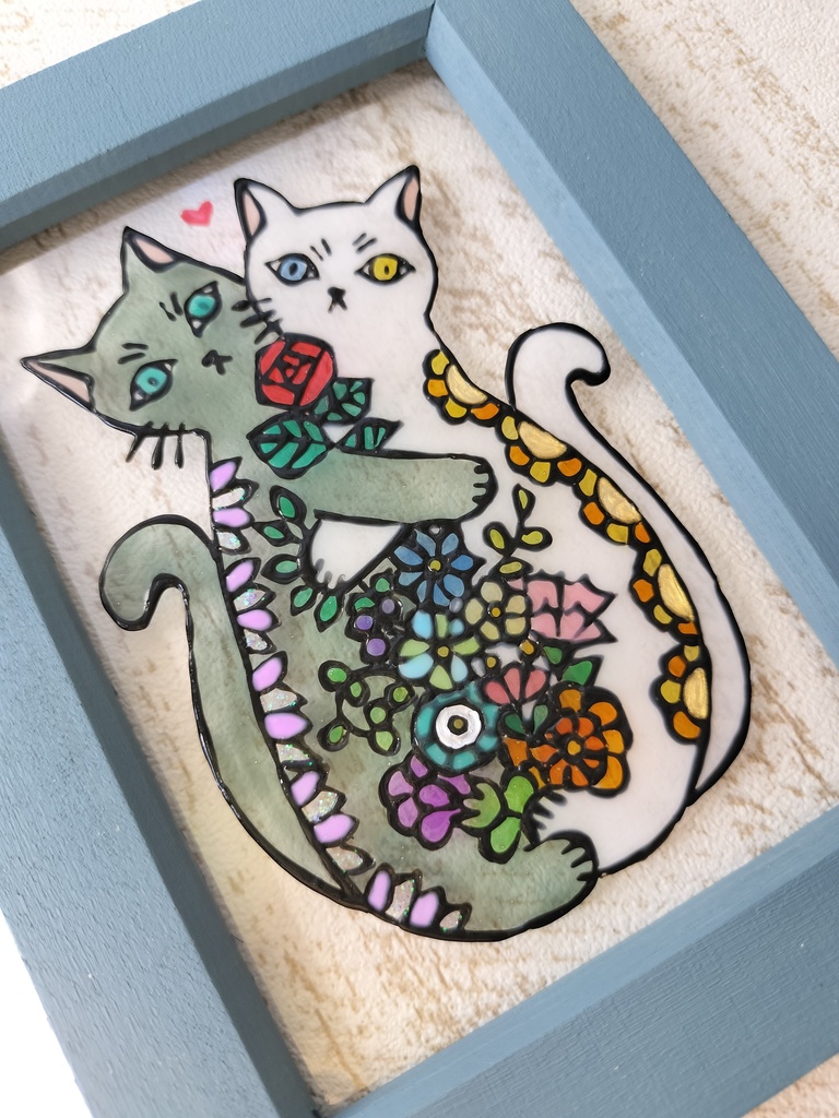 送料無料*ステンドグラス風フレーム*愛する猫・花・白猫・グラスデコ・インテリア雑貨・プレゼントにも・ハンドメイド♪︎
