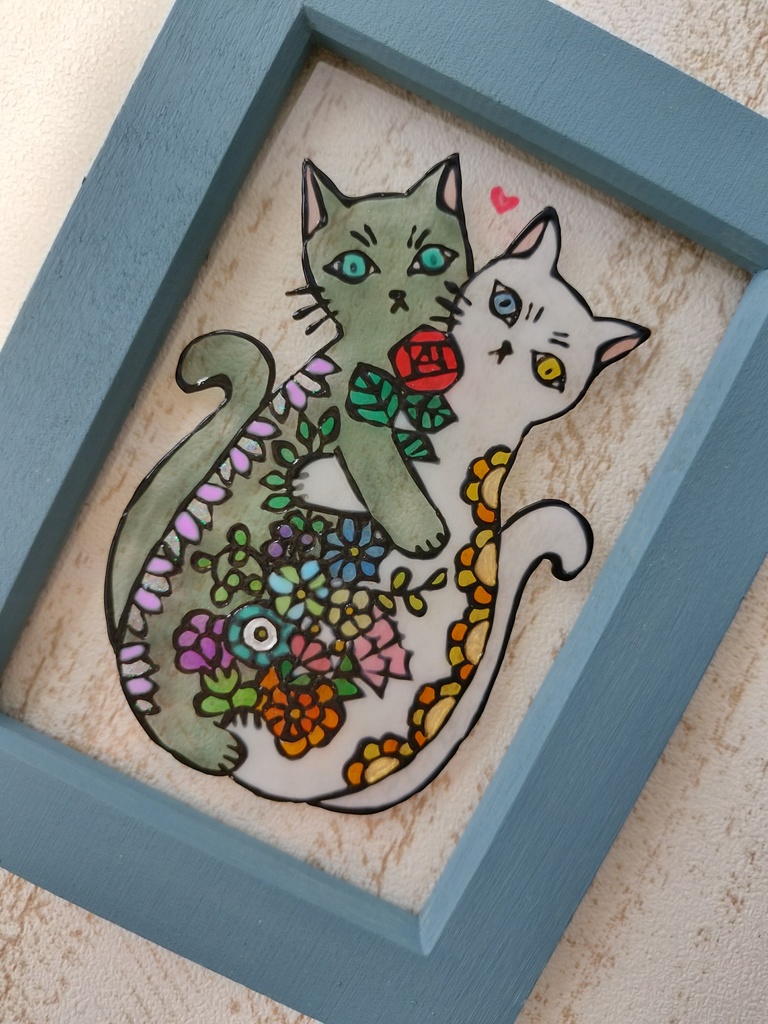 送料無料*ステンドグラス風フレーム*愛する猫・花・白猫・グラスデコ・インテリア雑貨・プレゼントにも・ハンドメイド♪︎