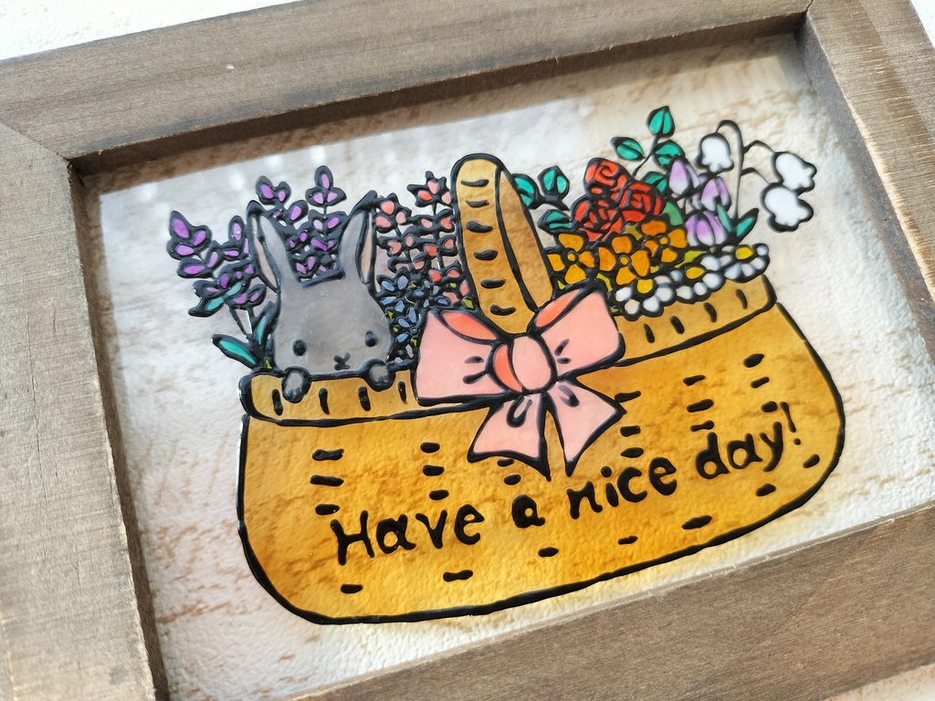 送料無料*ステンドグラス風フレーム*うさぎとお花の花籠・プレゼントにも・イラスト・インテリア雑貨・グラスデコ・ハンドメイド♪︎