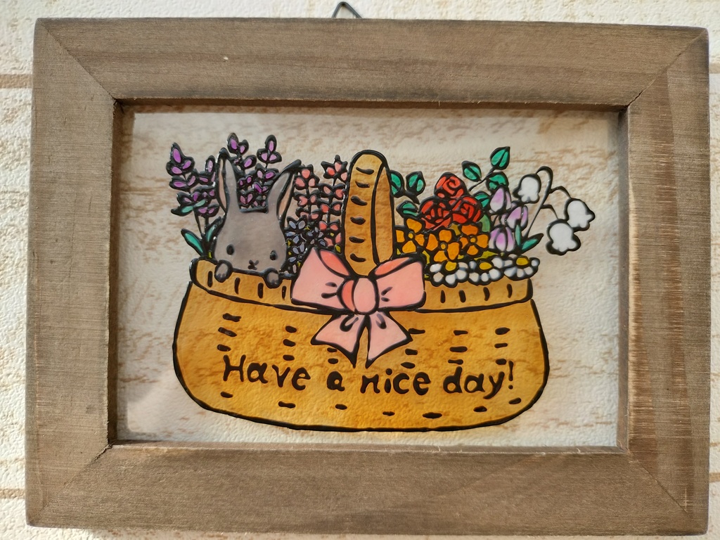 送料無料*ステンドグラス風フレーム*うさぎとお花の花籠･プレゼントにも･イラスト･インテリア雑貨･グラスデコ･ハンドメイド♪︎