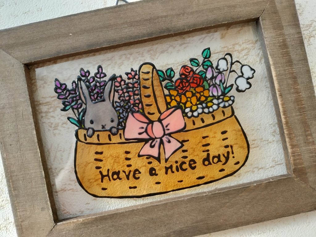 送料無料*ステンドグラス風フレーム*うさぎとお花の花籠・プレゼントにも・イラスト・インテリア雑貨・グラスデコ・ハンドメイド♪︎