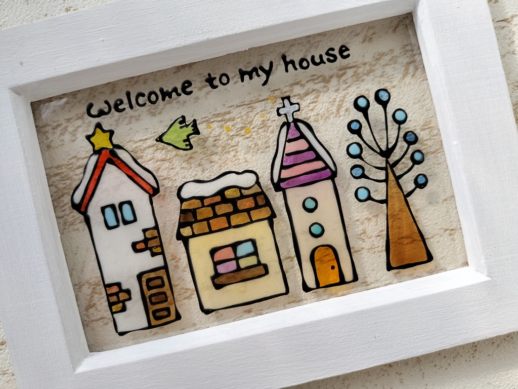 送料無料*ステンドグラス風フレーム*冬のおうちのウエルカム・グラスデコ・イラスト・プレゼントにも・インテリア雑貨・ハンドメイド♪︎