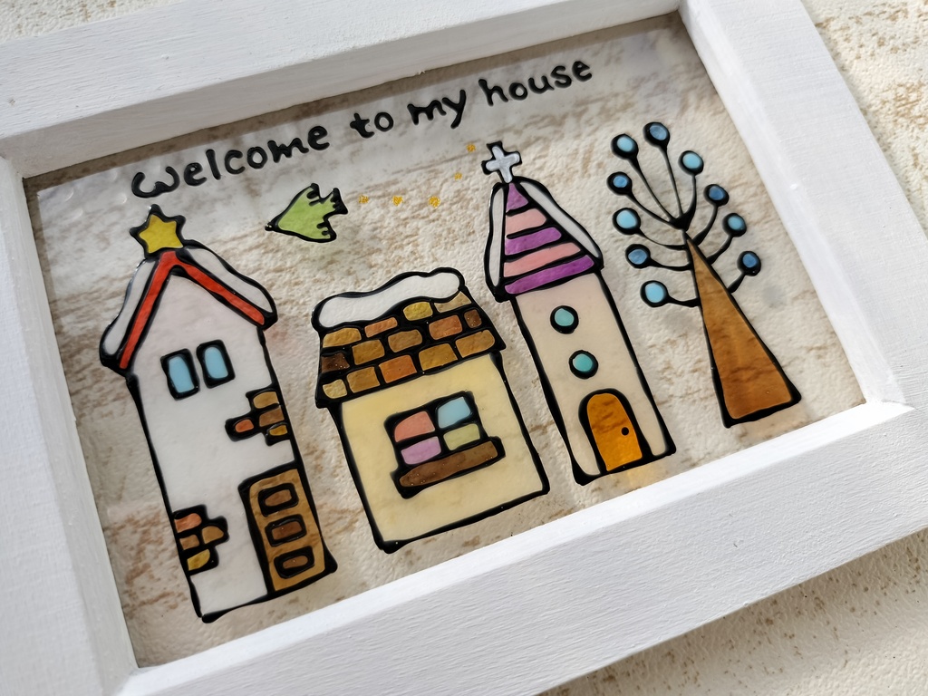 送料無料*ステンドグラス風フレーム*冬のおうちのウエルカム・グラスデコ・イラスト・プレゼントにも・インテリア雑貨・ハンドメイド♪︎