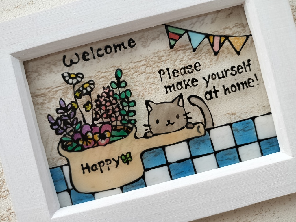 送料無料*ステンドグラス風フレーム*子猫とハーブのウエルカム・グラスデコ・インテリア雑貨・プレゼントにも・ハンドメイド♪︎