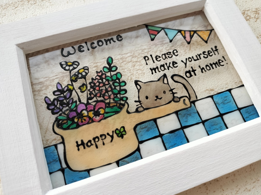 送料無料*ステンドグラス風フレーム*子猫とハーブのウエルカム・グラスデコ・インテリア雑貨・プレゼントにも・ハンドメイド♪︎