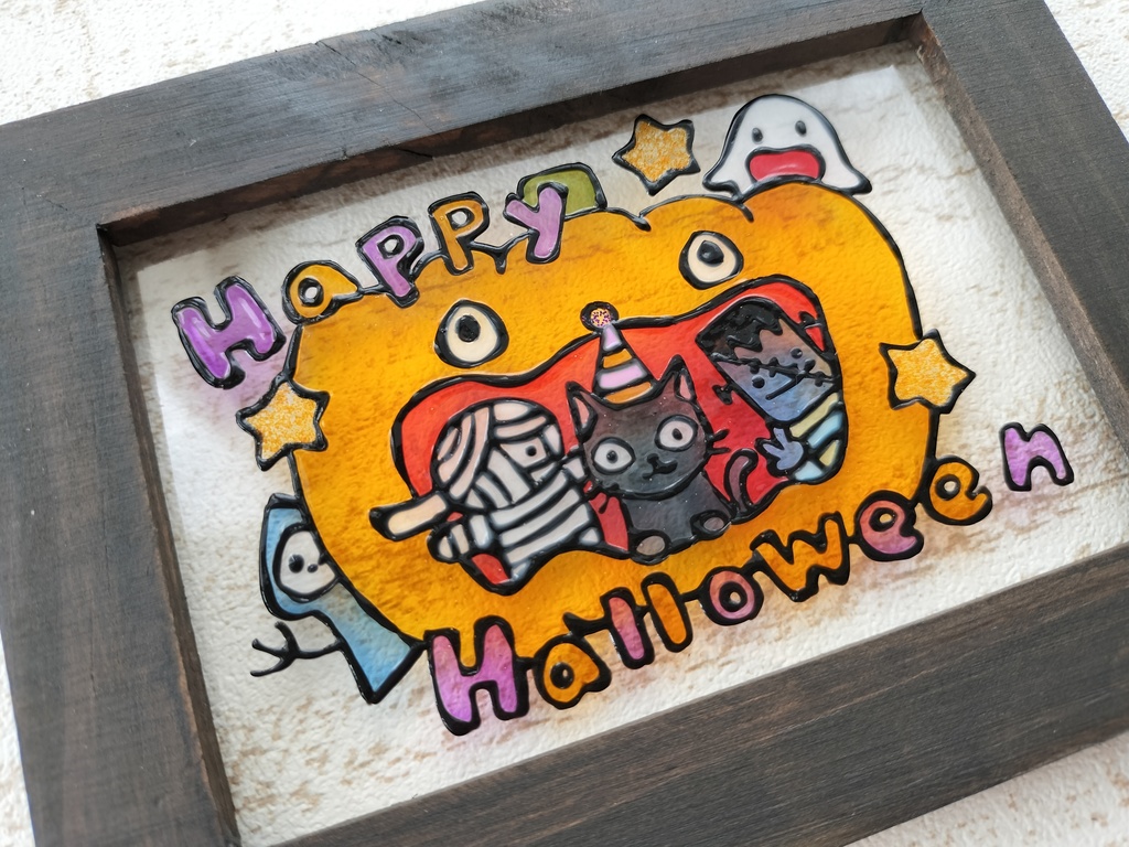 送料無料*ステンドグラス風フレーム*ハロウィン・カボチャとモンスター・グラスデコ・インテリア雑貨・プレゼントにも・ハンドメイド♪︎