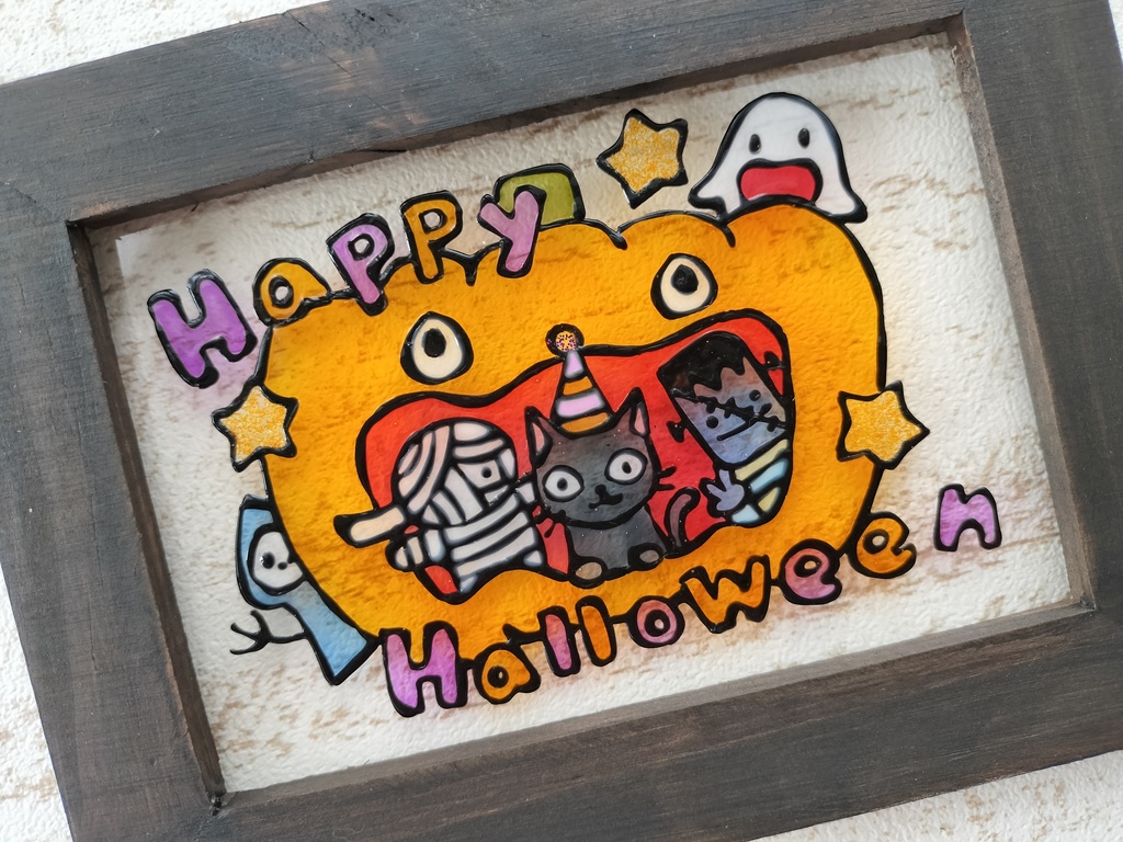 送料無料*ステンドグラス風フレーム*ハロウィン・カボチャとモンスター・グラスデコ・インテリア雑貨・プレゼントにも・ハンドメイド♪︎