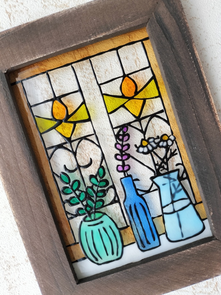 送料無料*ステンドグラス風フレーム*ハーブとステンドグラスの窓辺・オレンジ系・グラスデコ・プレゼントにも・インテリア雑貨・ハンドメイド♪︎