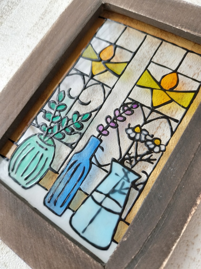 送料無料*ステンドグラス風フレーム*ハーブとステンドグラスの窓辺・オレンジ系・グラスデコ・プレゼントにも・インテリア雑貨・ハンドメイド♪︎