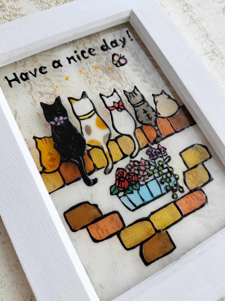 送料無料*ステンドグラス風フレーム*猫とレンガの壁・花・グラスデコ・プレゼントにも・インテリア雑貨・ハンドメイド♪︎