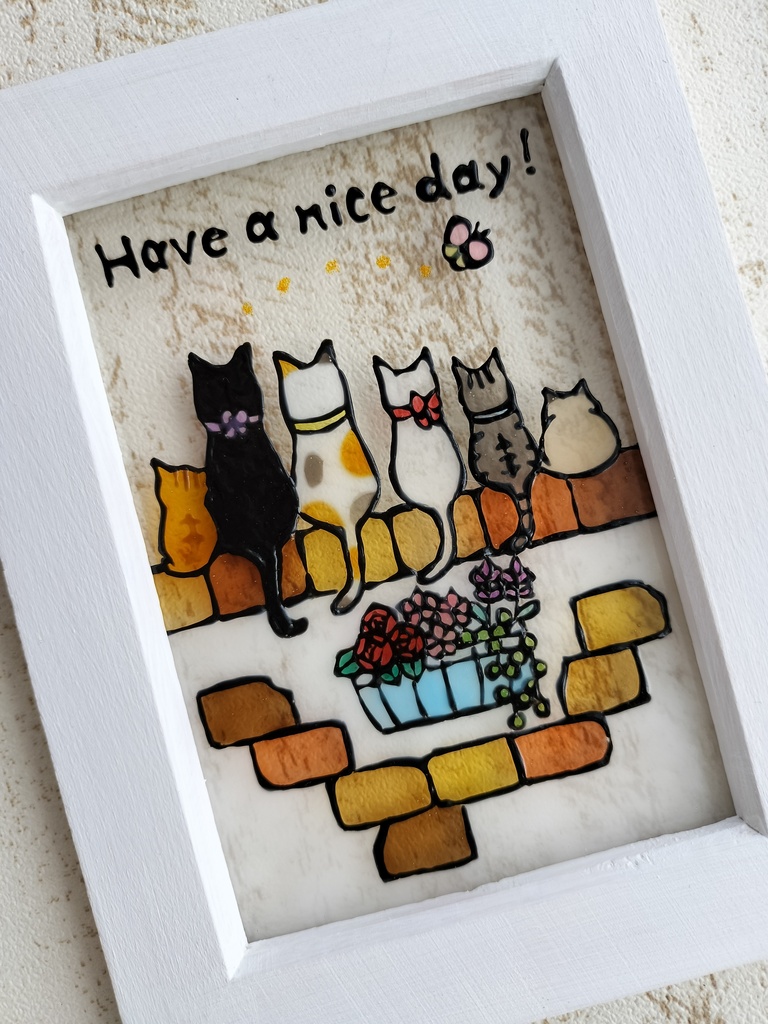 送料無料*ステンドグラス風フレーム*猫とレンガの壁・花・グラスデコ・プレゼントにも・インテリア雑貨・ハンドメイド♪︎