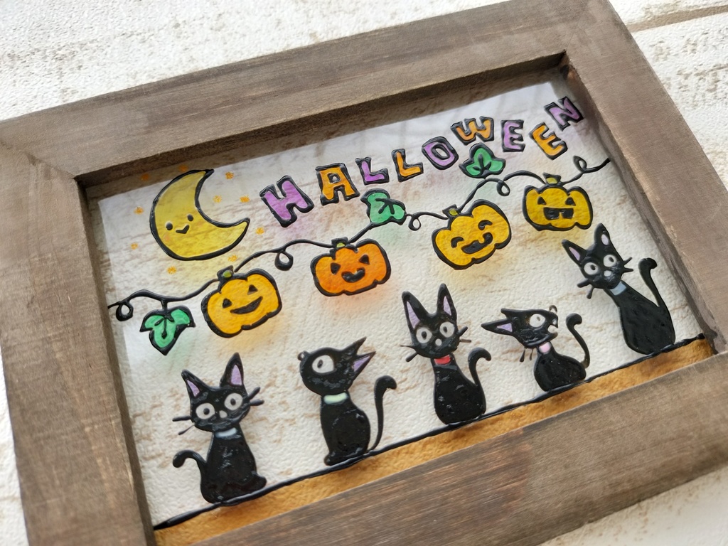 送料無料*ステンドグラス風フレーム*黒猫とハロウィン・カボチャ・インテリア雑貨・グラスデコ・プレゼントにも・ハンドメイド♪︎