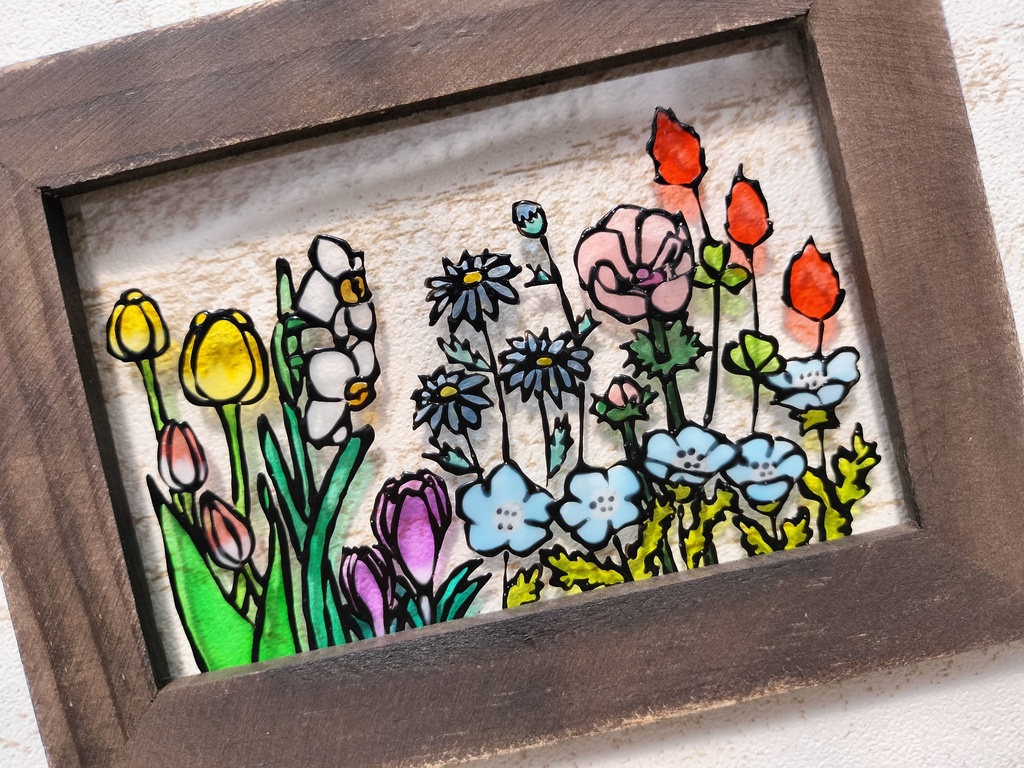 送料無料*ステンドグラス風フレーム*スプリングガーデン・花・春・グラスデコ・イラスト・インテリア雑貨・ハンドメイド♪︎