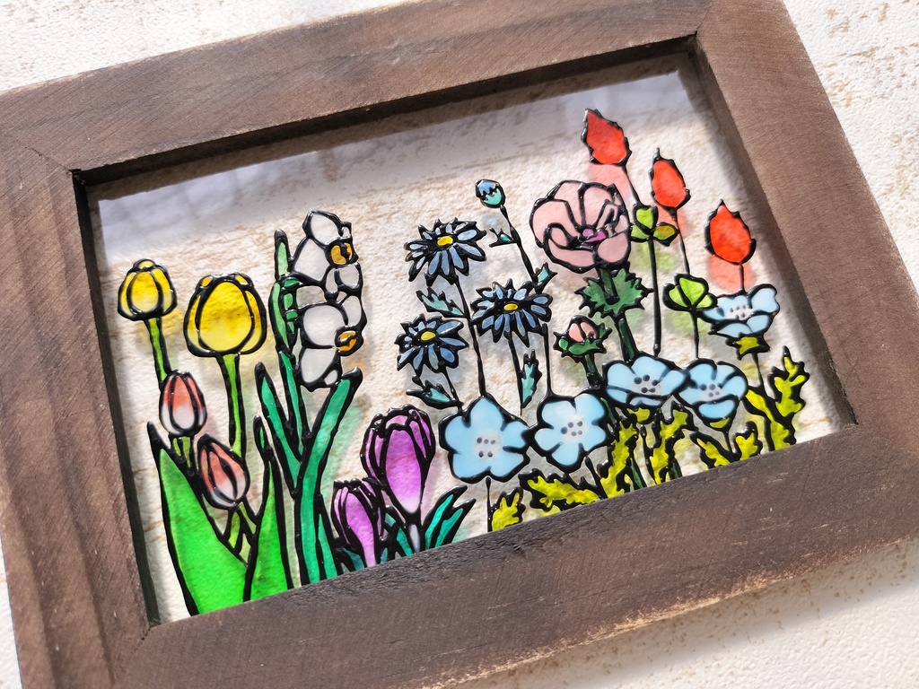 送料無料*ステンドグラス風フレーム*スプリングガーデン・花・春・グラスデコ・イラスト・インテリア雑貨・ハンドメイド♪︎