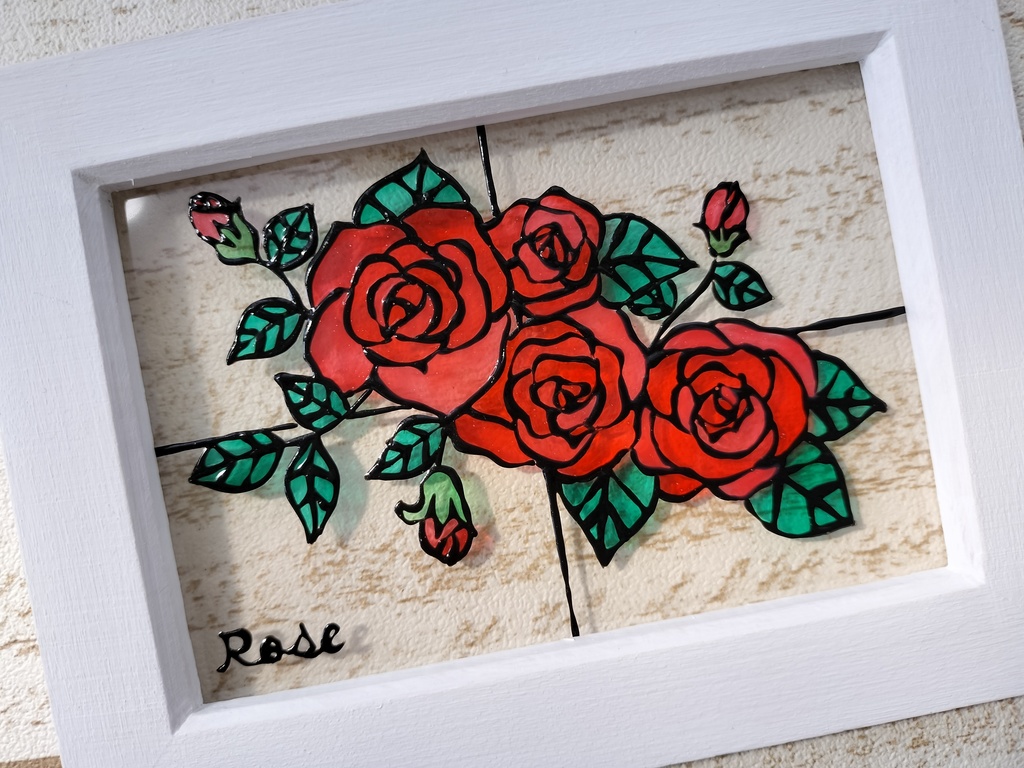送料無料*ステンドグラス風フレーム*ふんわり薔薇・赤い薔薇・グラスデコ・インテリア雑貨・イラスト・プレゼントにも・ハンドメイド♪︎