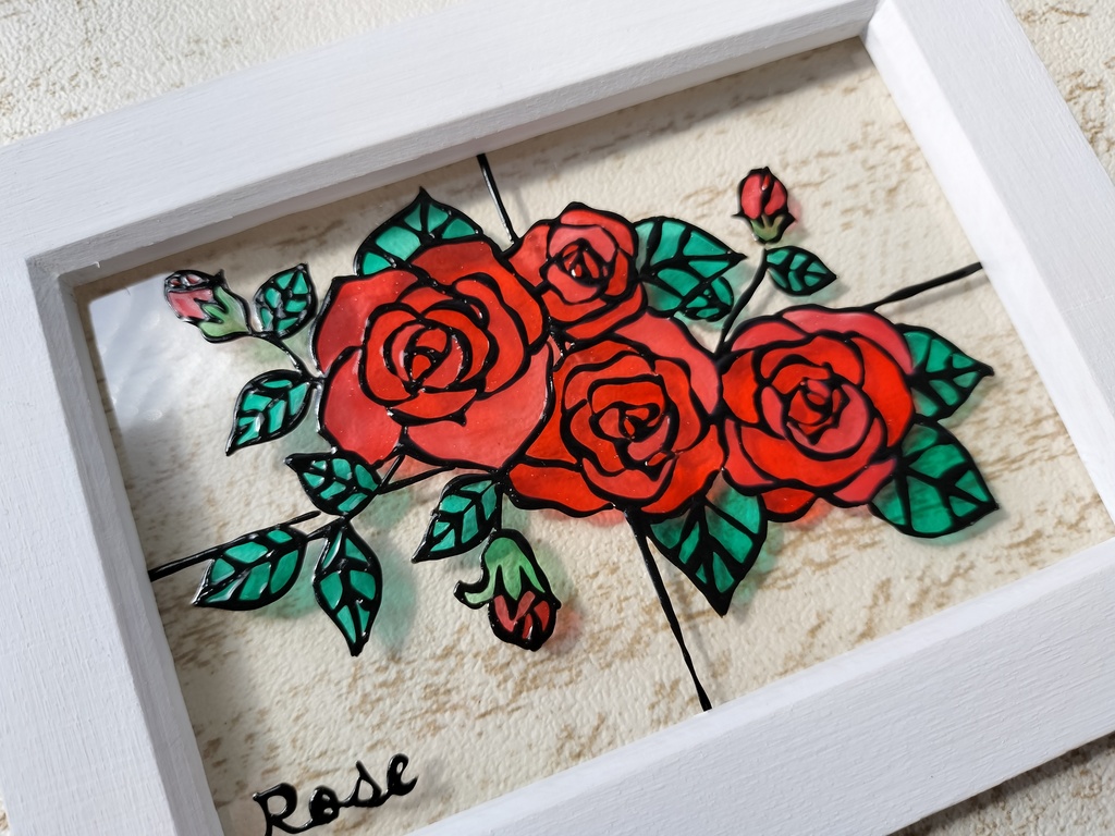 送料無料*ステンドグラス風フレーム*ふんわり薔薇・赤い薔薇・グラスデコ・インテリア雑貨・イラスト・プレゼントにも・ハンドメイド♪︎