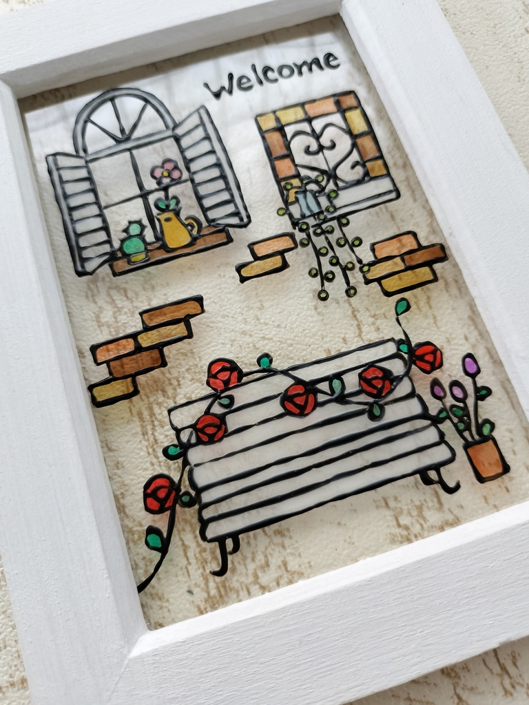 送料無料*ステンドグラス風フレーム*バラベンチと窓のウエルカム・インテリア雑貨・グラスデコ・プレゼントにも・ハンドメイド♪︎