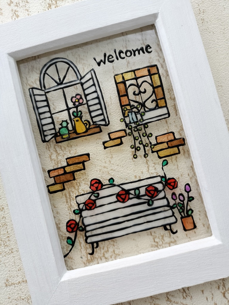 送料無料*ステンドグラス風フレーム*バラベンチと窓のウエルカム・インテリア雑貨・グラスデコ・プレゼントにも・ハンドメイド♪︎