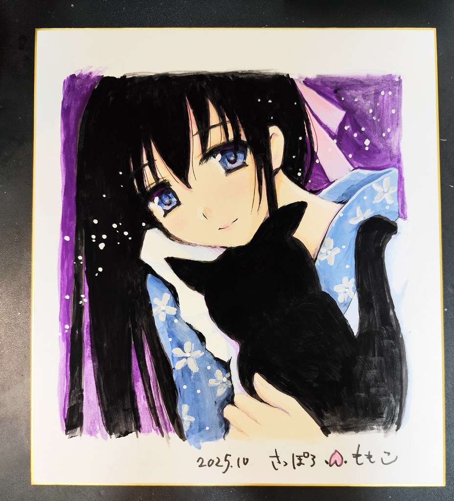 【手描きイラスト色紙】咲枝と黒猫