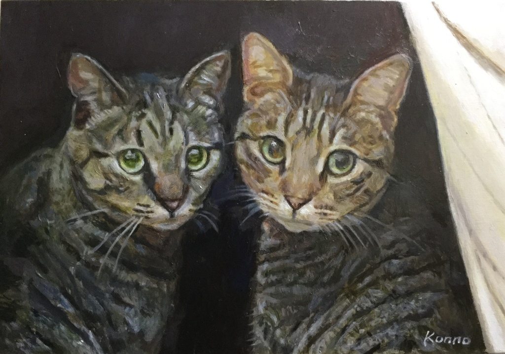素晴らしい 油絵 「猫とネコ」 キャンバスに油彩 サムホール 額装無し 