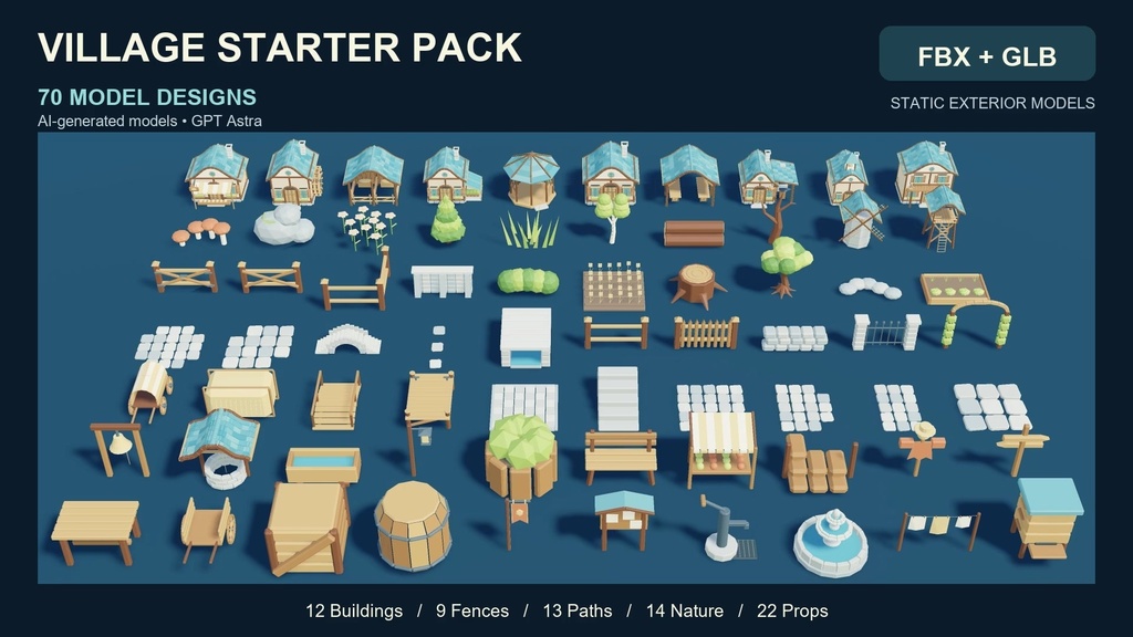 Village Starter Pack | 70 Low-Poly Models + Assembled Village
