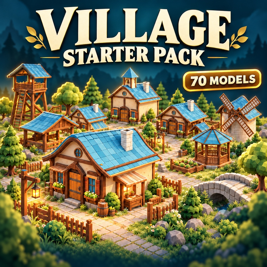 Village Starter Pack | 70 Low-Poly Models + Assembled Village