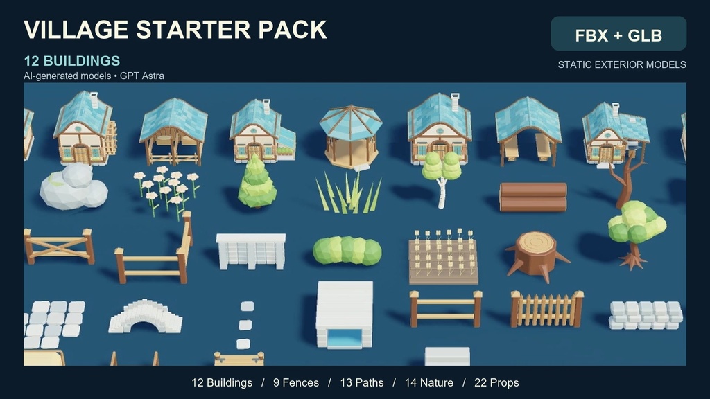 Village Starter Pack | 70 Low-Poly Models + Assembled Village
