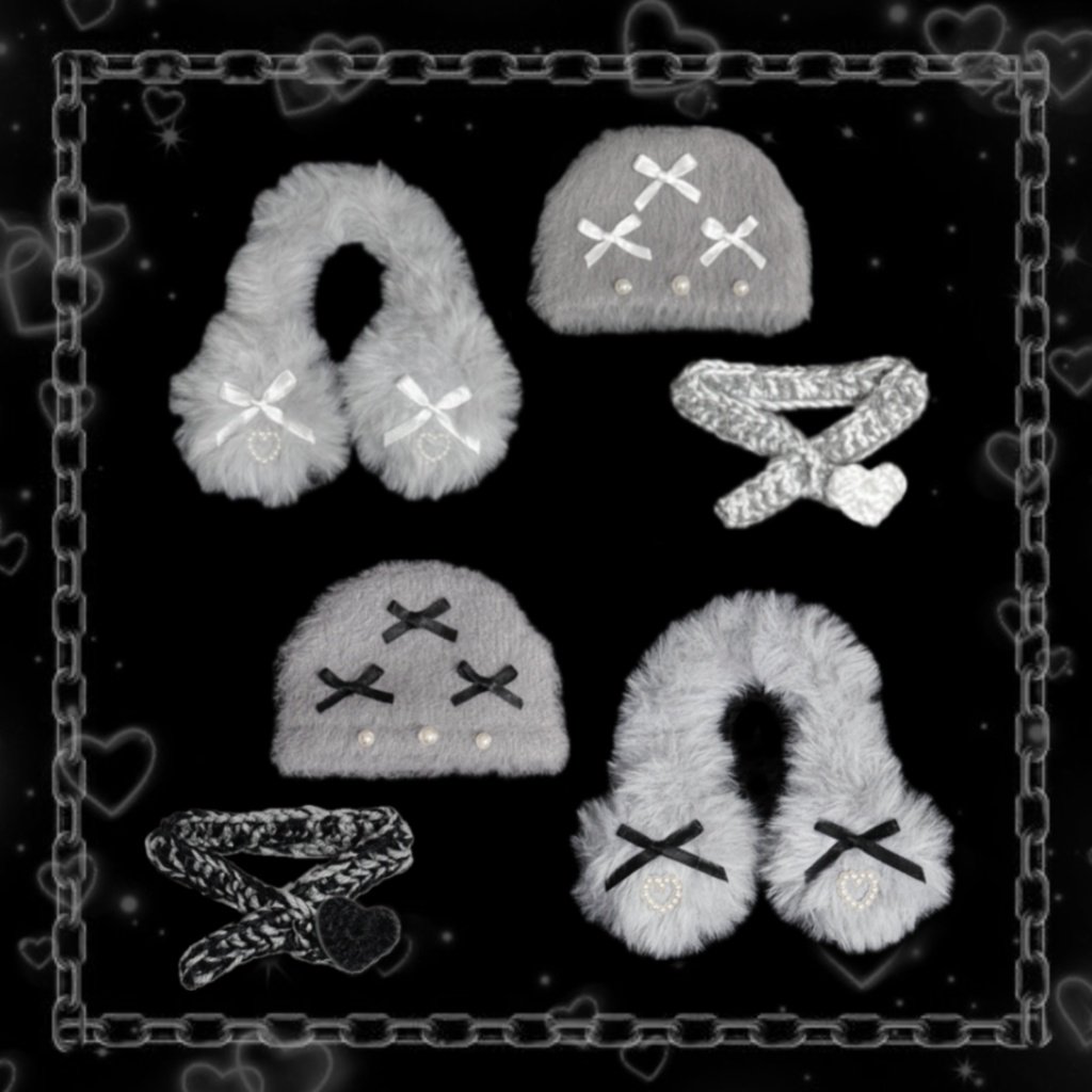 ぬい服 冬服 韓国風 ウィンターセット 【リボンニット帽 ハートマフラー イヤーマフ】