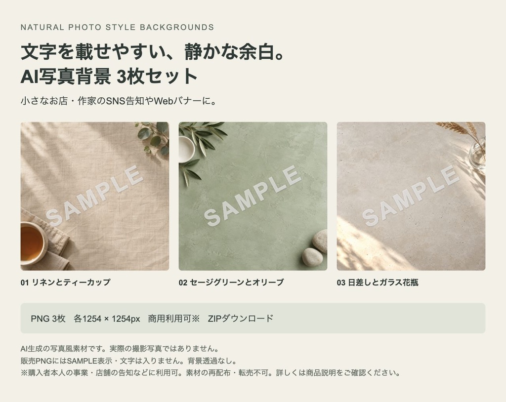 AI写真背景3枚セット|ナチュラル・SNS告知用PNG