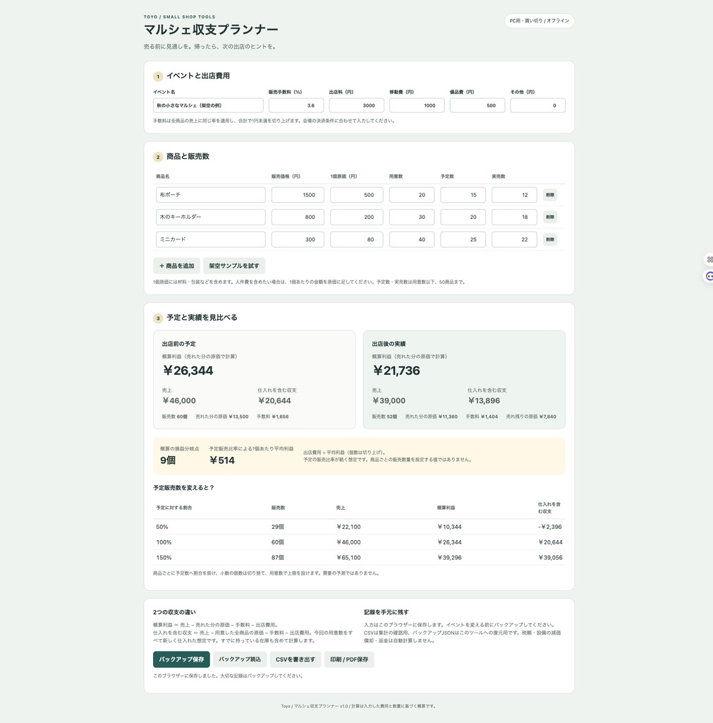 マルシェ収支プランナー｜ハンドメイド出店の利益・原価・損益分岐点｜PC用・買い切り
